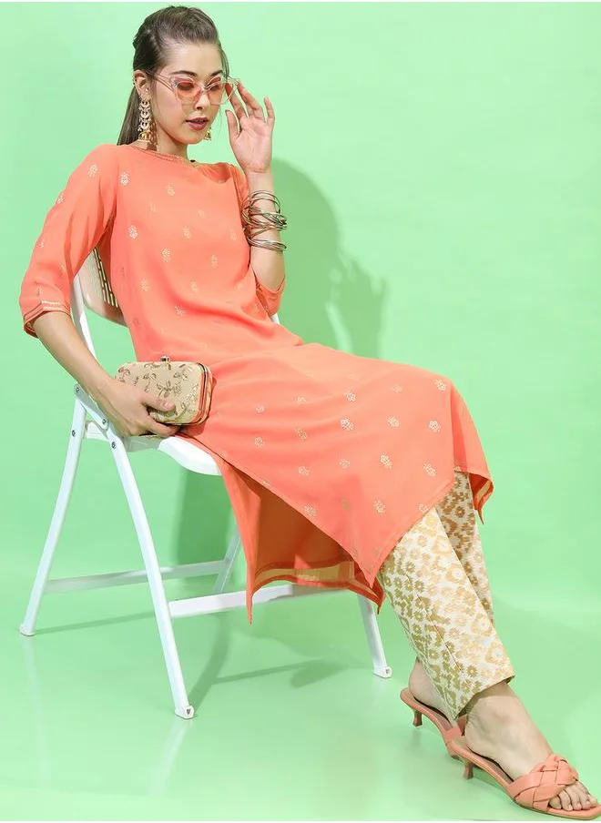 Vishudh Women Orange Geometric Embroidered Thread Work Georgette Kurta by Styli