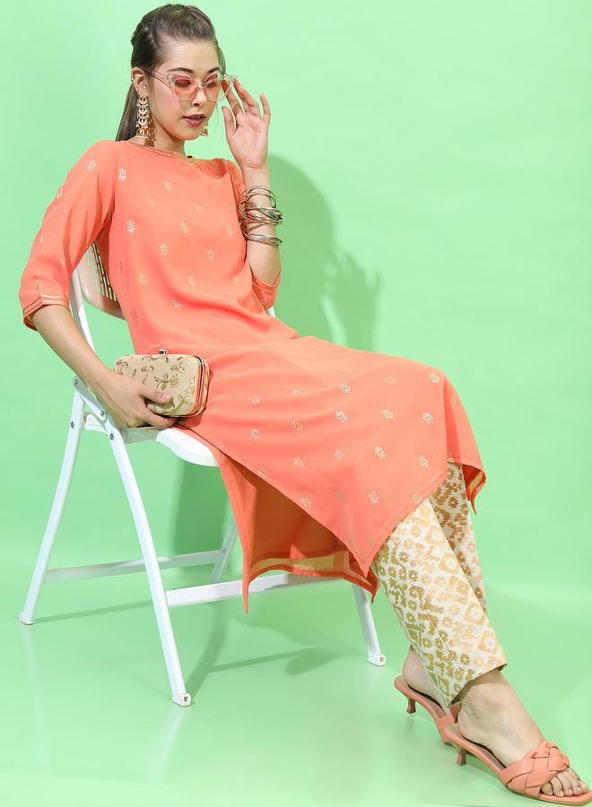 Vishudh Women Orange Geometric Embroidered Thread Work Georgette Kurta - Image 1