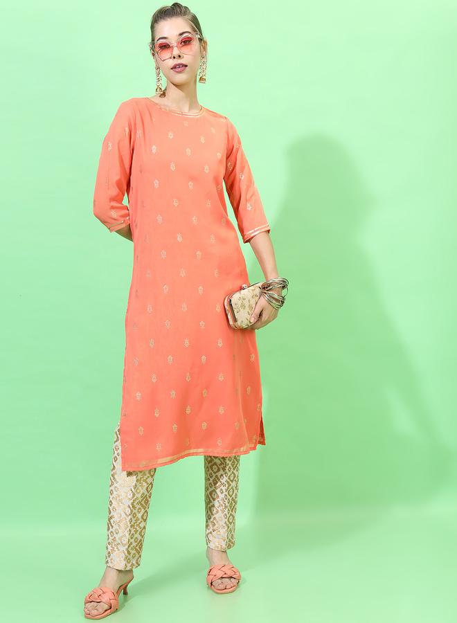 Vishudh Women Orange Geometric Embroidered Thread Work Georgette Kurta - Image 5