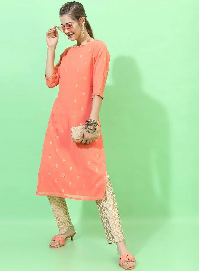 Vishudh Women Orange Geometric Embroidered Thread Work Georgette Kurta by Styli