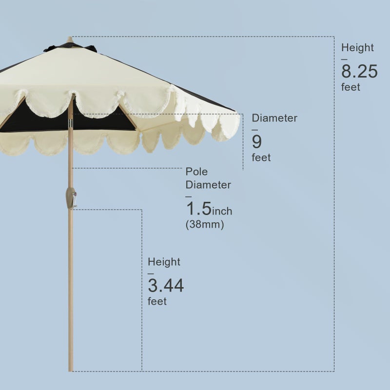 Tempera 9ft Scalloped Patio Umbrellas with Fringe, Market Umbrellas with Water-Resistant and Fade Resistant Canopy, 1.5" Wood Pole & Button Tilt. - Image 3