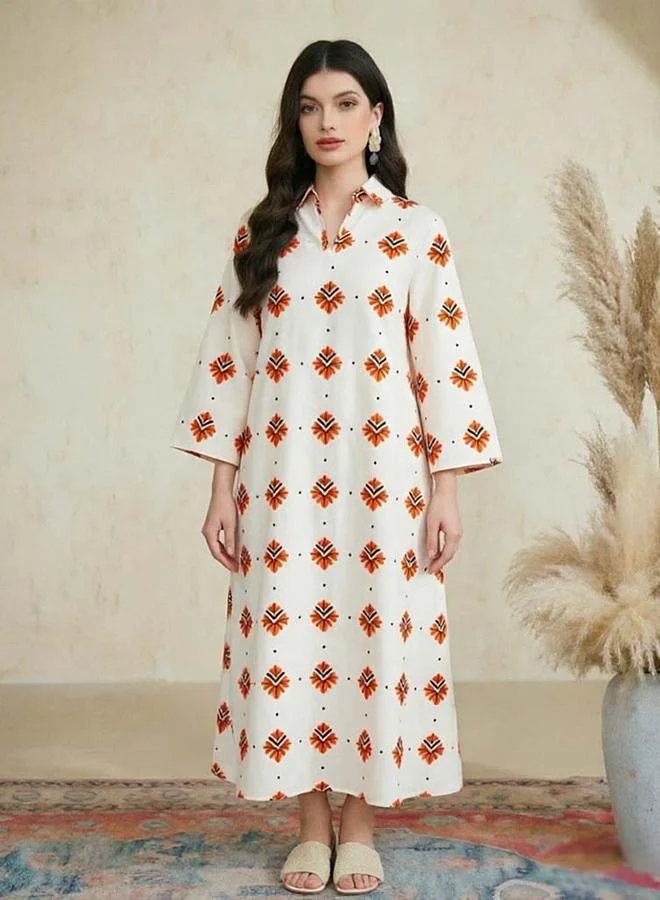 Take Two White Graphic Print Long Sleeves Kaftan Dress