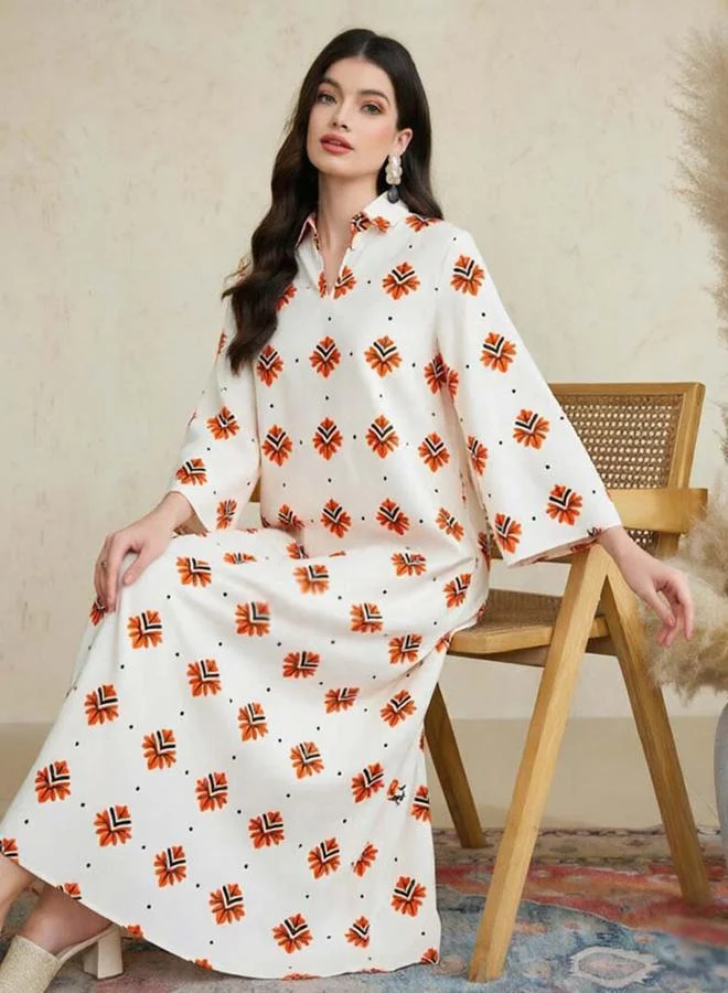 Take Two White Graphic Print Long Sleeves Kaftan Dress