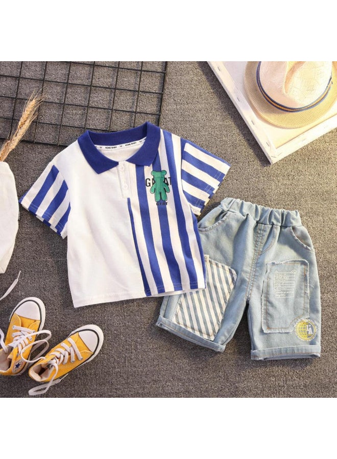 MiniMe Boys’ Summer 2-Piece Set | 12 Months | White & Blue | Cotton & Denim | Includes Striped Polo Top & Denim Shorts | Lightweight & Breathable | Stylish & Comfortable | Ideal For Summer Casual Wear | Easy To Wash - Image 2