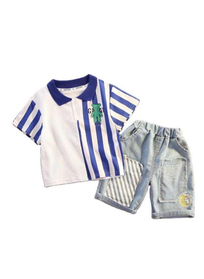 MiniMe Boys’ Summer 2-Piece Set | 12 Months | White & Blue | Cotton & Denim | Includes Striped Polo Top & Denim Shorts | Lightweight & Breathable | Stylish & Comfortable | Ideal For Summer Casual Wear | Easy To Wash - Image 1