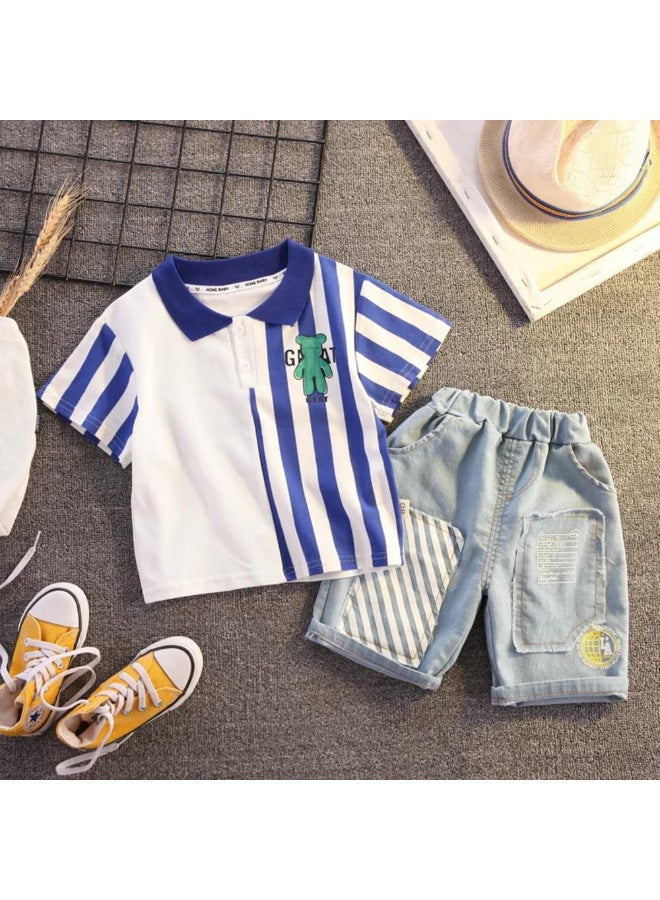 MiniMe Boys’ Summer 2-Piece Set | 12 Months | White & Blue | Cotton & Denim | Includes Striped Polo Top & Denim Shorts | Lightweight & Breathable | Stylish & Comfortable | Ideal For Summer Casual Wear | Easy To Wash - Image 4