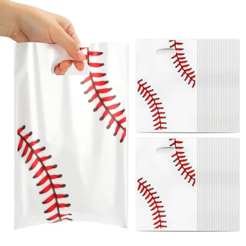 eowqeiur 50 PCS Baseball Party Favor Bags, Baseball Goodie Gift Snack Treat Cookie Goody Candy Bags for Baseball Theme Team Party Birthday Favors Supplies Decorations Wrapping Tball Baggies Pouches(White Red) - Image 1
