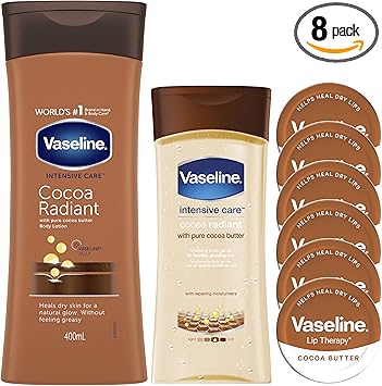 Vaseline Cocoa Bundle Set Contains Vaseline Cocoa Radiant Body Lotion 400ml Vaseline Cocoa Radiant Body Gel Oil 200ml and 6 Tins of Vaseline Lip Therapy With Cocoa Butter Petroleum Jelly 20g - Image 1