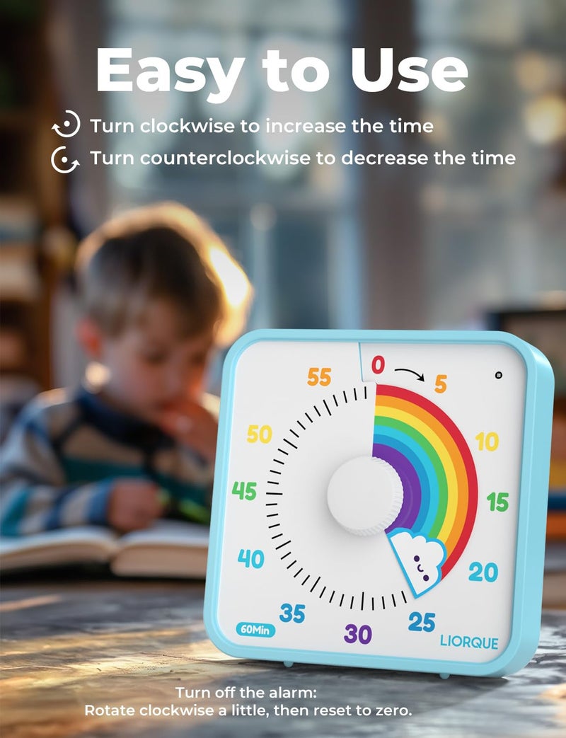 LIORQUE 60 Minute Visual Timer for Kids and Adults, Non-Ticking 7.5 Inch Large Visual Countdown Timers for Classroom Desk Countdown Clock with Magnetic Backing, Kids Pomodoro Timer Clock - Image 3