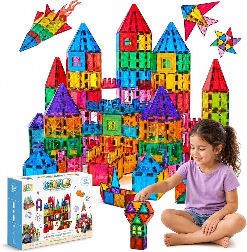 GRAFLO Magnetic Building Tiles - 90 Pcs Set of Vibrant 3D Blocks, Encourages Creative Construction, Promotes Educational Brain Development, Stimulates Imagination, STEM Toy for Kids Ages 3-10 Years - Image 1
