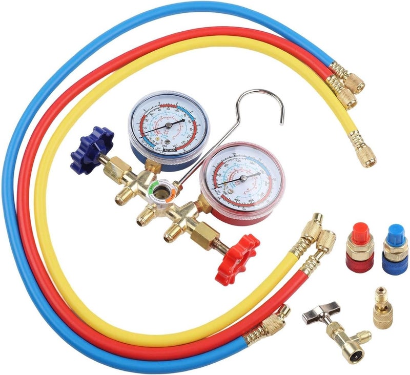 مجموعة مقاييس متعددة R410A R404A R134A، عدة تشخيص تكييف الهواء مع 3 خراطيم، صمام نحاسي وخطافات لإصلاح التبريد المنزلي والسيارات (A) - Image 3