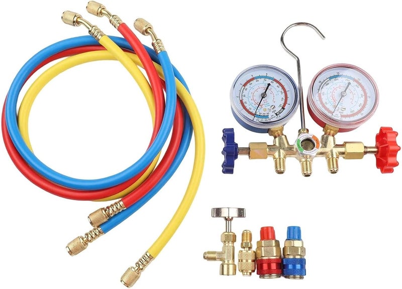 مجموعة مقاييس متعددة R410A R404A R134A، عدة تشخيص تكييف الهواء مع 3 خراطيم، صمام نحاسي وخطافات لإصلاح التبريد المنزلي والسيارات (A) - Image 2