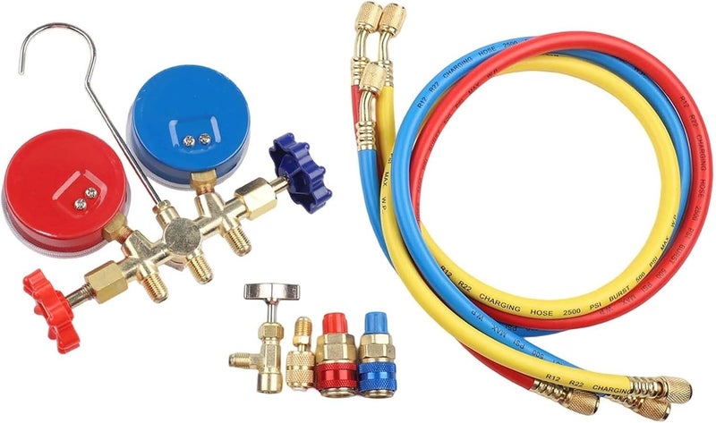 مجموعة مقاييس متعددة R410A R404A R134A، عدة تشخيص تكييف الهواء مع 3 خراطيم، صمام نحاسي وخطافات لإصلاح التبريد المنزلي والسيارات (A) - Image 4