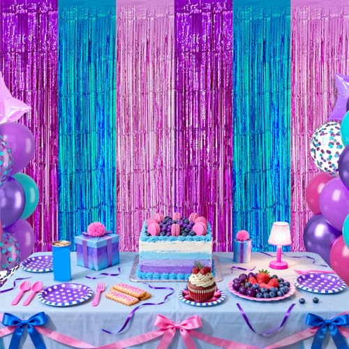 partyzoa 2 Pack Purple Blue Pink Foil Fringe Curtains Backdrop Birthday Party Decorations, 3.28 x 6.56 Ft Music Themed Tinsel Streamer Banner Photo Booth Props for Mermaid Sea Party Decor Supplies Favors - Image 3