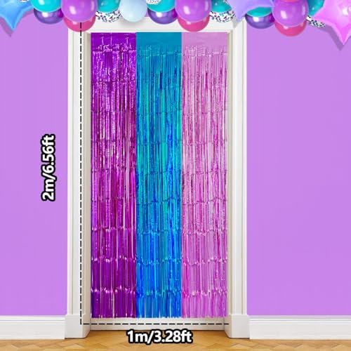 partyzoa 2 Pack Purple Blue Pink Foil Fringe Curtains Backdrop Birthday Party Decorations, 3.28 x 6.56 Ft Music Themed Tinsel Streamer Banner Photo Booth Props for Mermaid Sea Party Decor Supplies Favors - Image 4