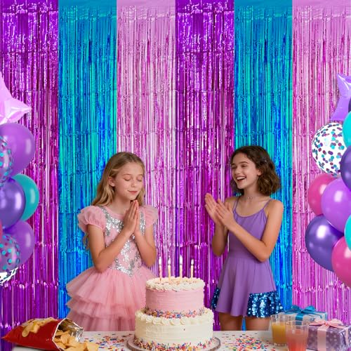 partyzoa 2 Pack Purple Blue Pink Foil Fringe Curtains Backdrop Birthday Party Decorations, 3.28 x 6.56 Ft Music Themed Tinsel Streamer Banner Photo Booth Props for Mermaid Sea Party Decor Supplies Favors - Image 2