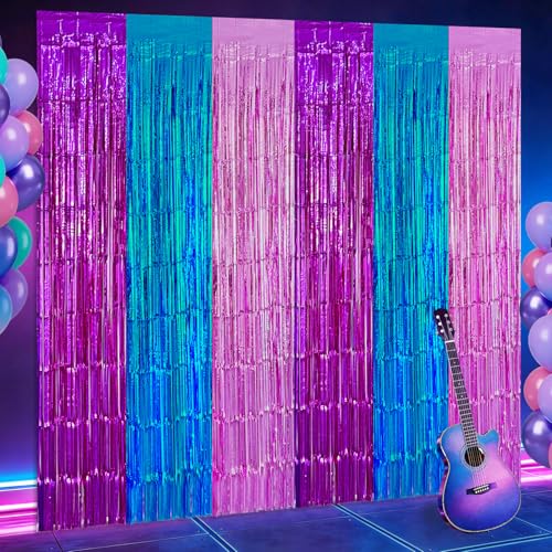 partyzoa 2 Pack Purple Blue Pink Foil Fringe Curtains Backdrop Birthday Party Decorations, 3.28 x 6.56 Ft Music Themed Tinsel Streamer Banner Photo Booth Props for Mermaid Sea Party Decor Supplies Favors - Image 1