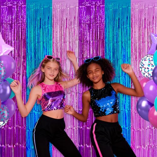 partyzoa 2 Pack Purple Blue Pink Foil Fringe Curtains Backdrop Birthday Party Decorations, 3.28 x 6.56 Ft Music Themed Tinsel Streamer Banner Photo Booth Props for Mermaid Sea Party Decor Supplies Favors - Image 5