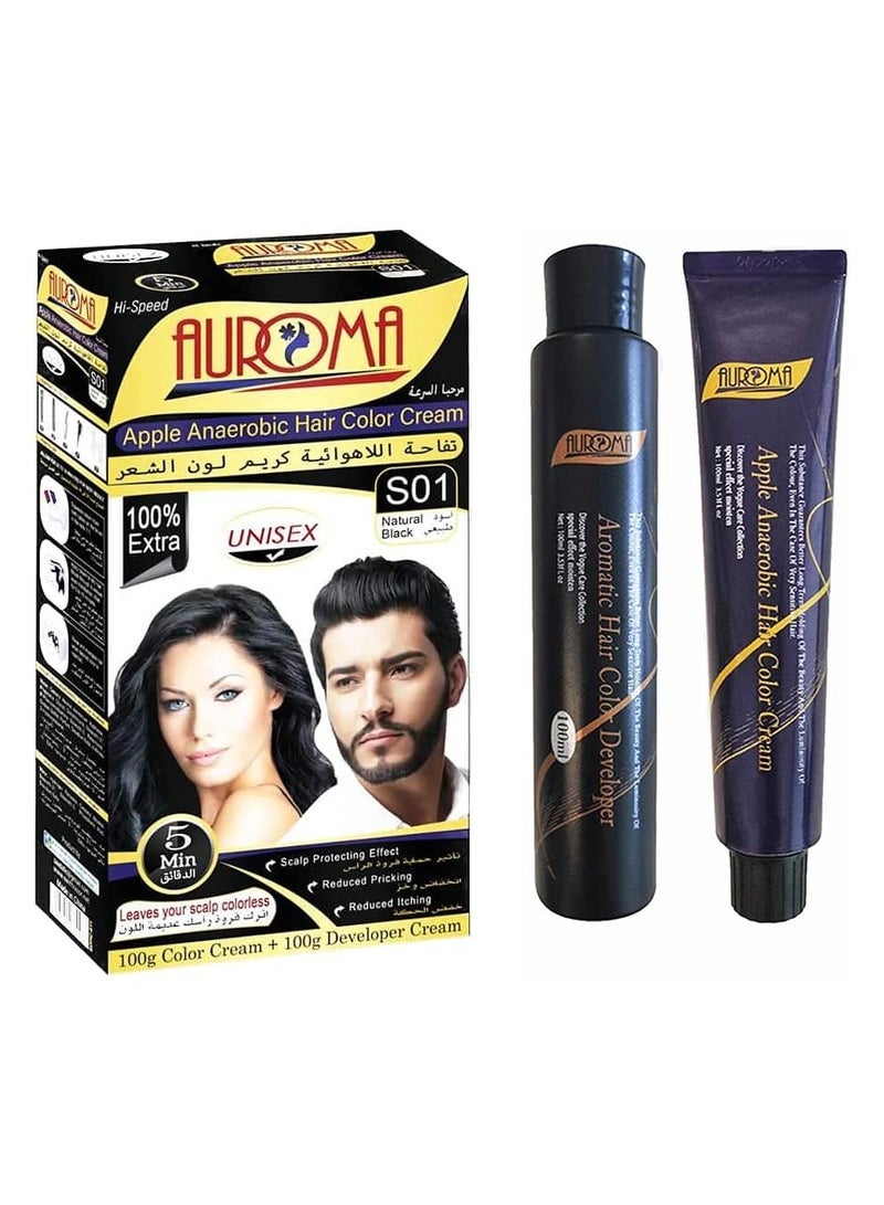 AUROMA كريم صبغة شعر آيوراما الطبيعية السوداء غير الهوائية للجنسين 2x100مل - Image 1