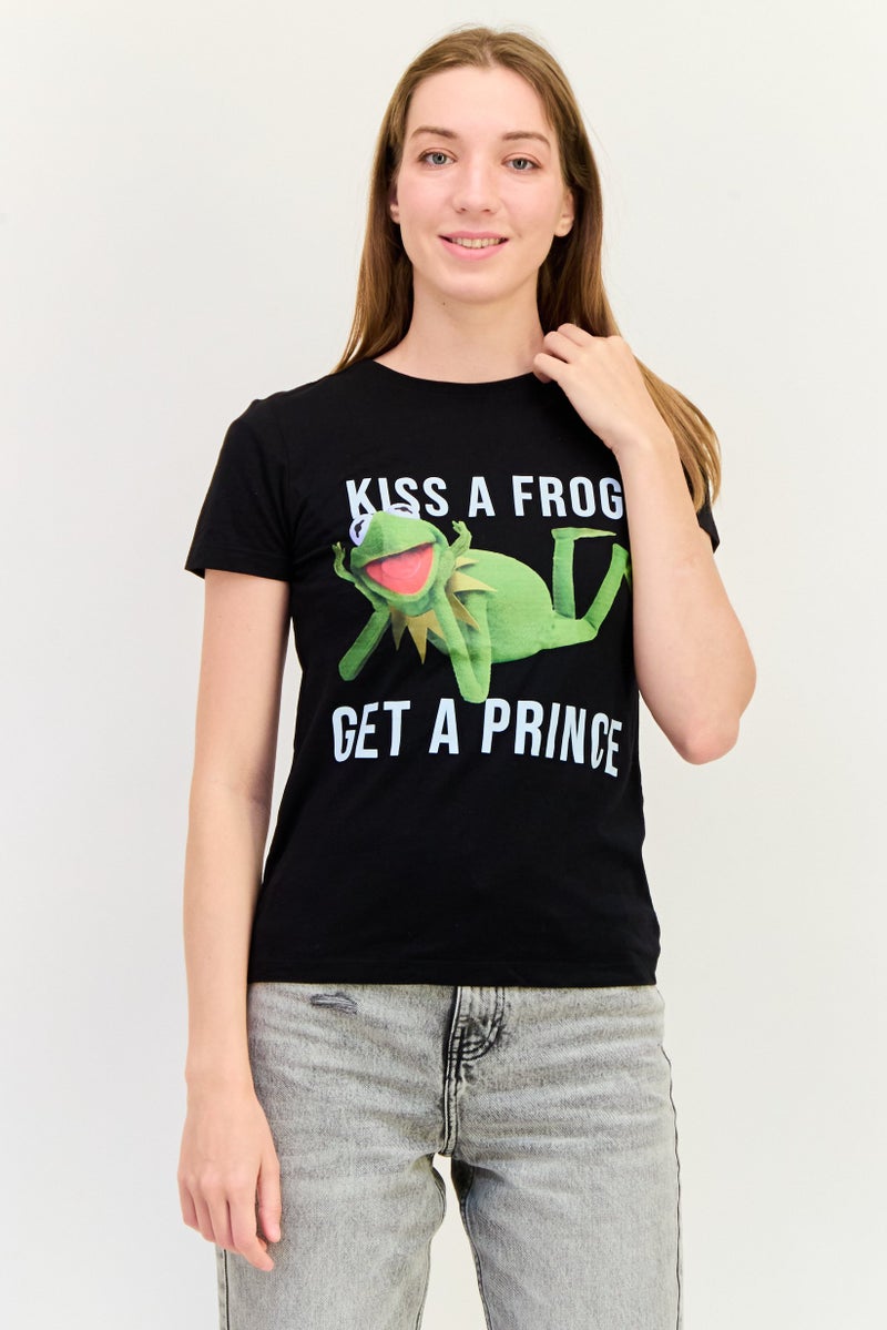 ONLY Women Crew Neck Short Sleeves Graphic Print T-Shirt, Black - Image 1