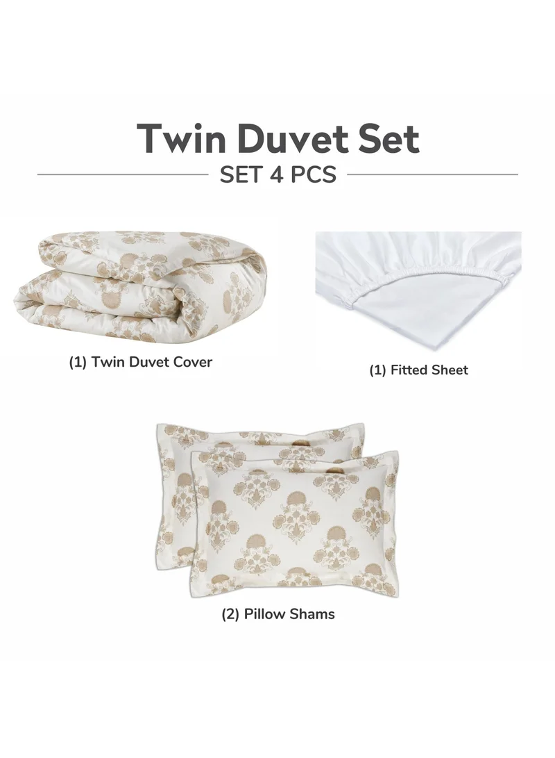 Donetella Cotton Duvet Set 4-Pcs Single Size Reversible Bedding Set With Printed Comforter Covers, Hidden Zipper Closure and Corner Holders, Ivory