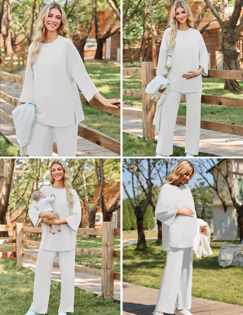FMEYOA Women Maternity Nursing Pajama Set Breastfeeding Sleepwear Set Long Sleeve Top & Pants Postpartum Pajamas with Pockets - Image 4