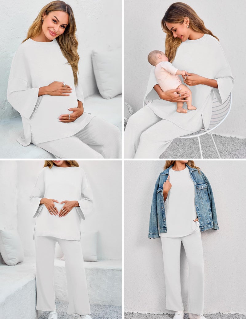 FMEYOA Women Maternity Nursing Pajama Set Breastfeeding Sleepwear Set Long Sleeve Top & Pants Postpartum Pajamas with Pockets - Image 2