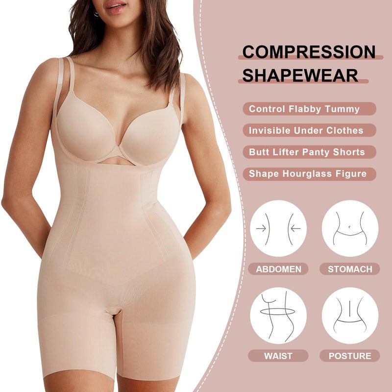 SHAPERX Shapewear for Women Tummy Control Open Bust Thigh Slimmer Body Shaper, SZ2490293-Beige-M - Image 4