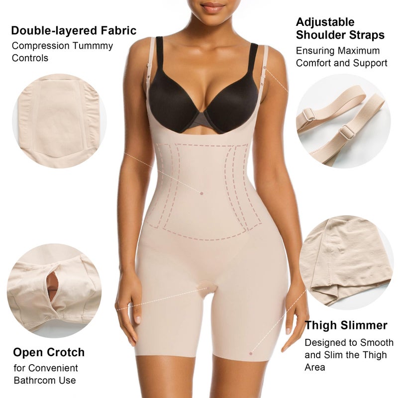 SHAPERX Shapewear for Women Tummy Control Open Bust Thigh Slimmer Body Shaper, SZ2490293-Beige-M - Image 3