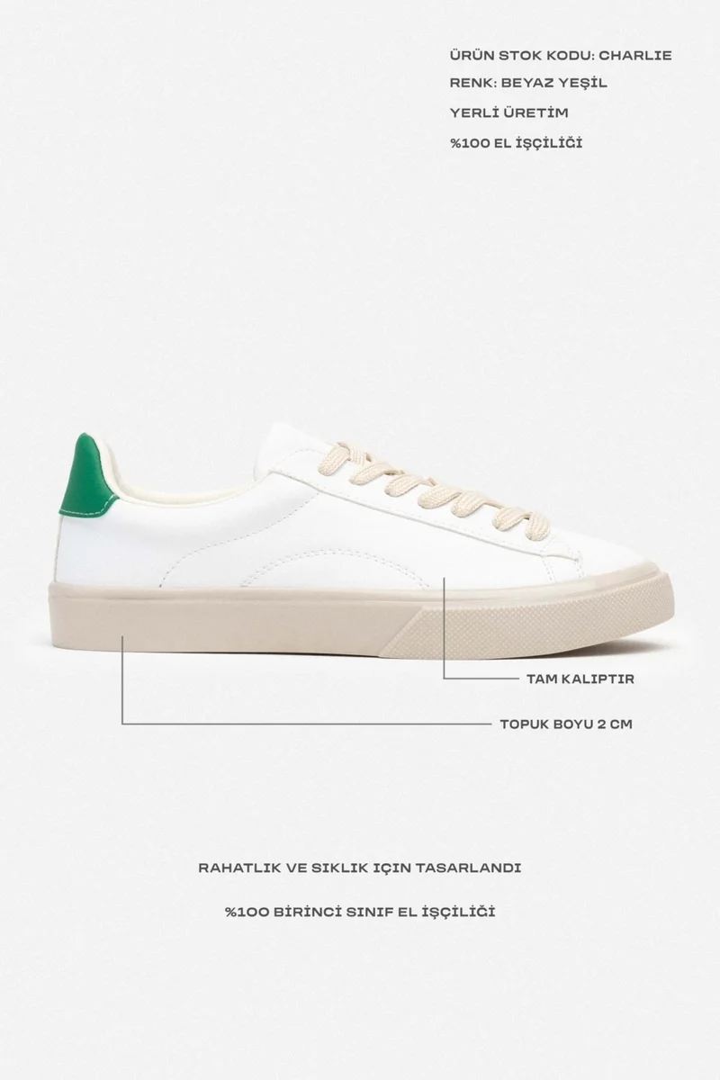 Nişantaşı Shoes Charlie White Matte Back Green Flat Sole Women's Lace-Up Sports Shoes