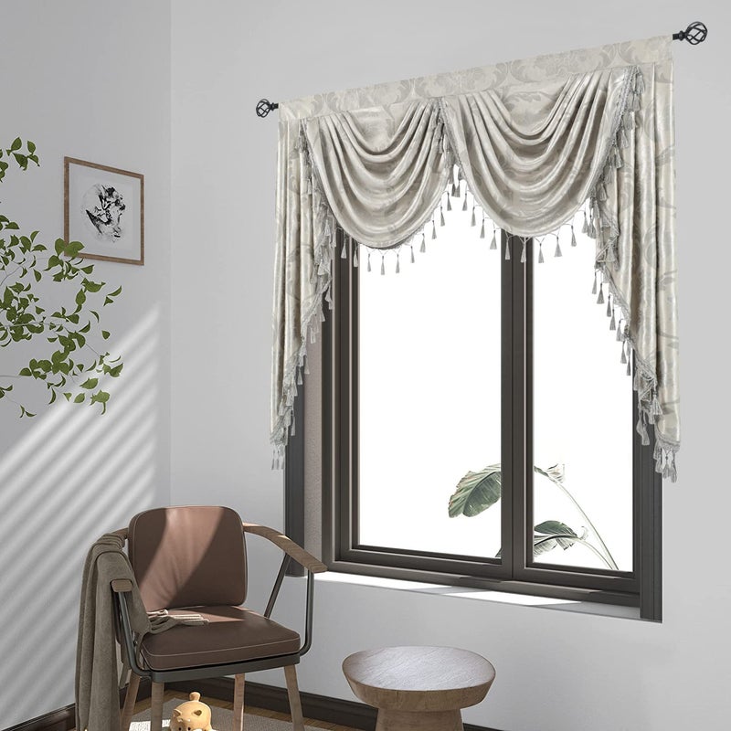 JADE POKE Silver Grey European Flower Valances for Windows Damask Waterfall Tassels Valances for Windows Rod Pocket Luxury Jacquard Swag Cascade Valance for Living RoomBedroom 1 Panel W59 Inch
