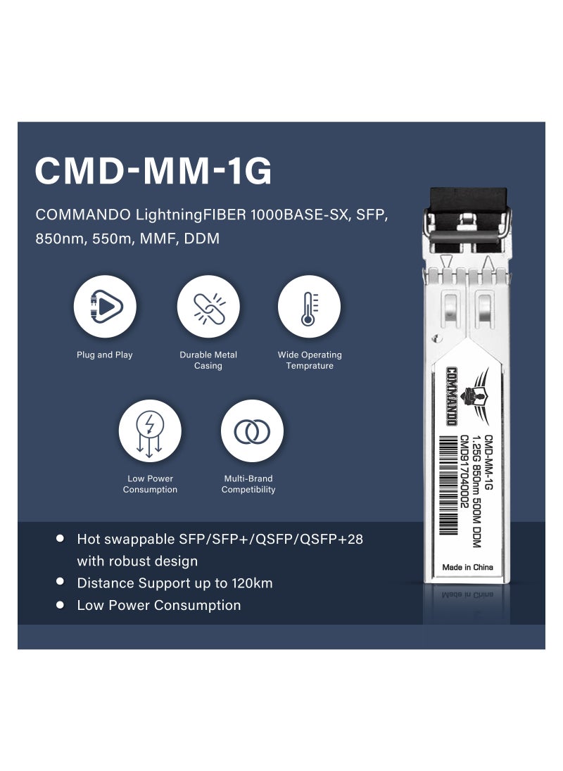 1G SFP MMF 550m 850nm Multi-vendor Compatible Transceiver Module - Multi-Mode Fiber 1000BASE-SX, SFP, DDM - Hot Swappable - Cisco GLC-SX-MMD, Huawei, Ubiquiti, D-Link, TP-Link, MikroTik - CMD-MM-1G