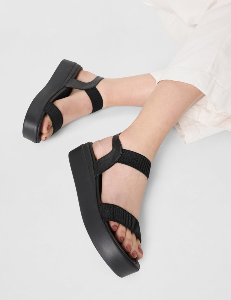 Mochi Women Black Wedge Heel Comfort Sandal UK/6 EU/39 (34-924) - Image 2