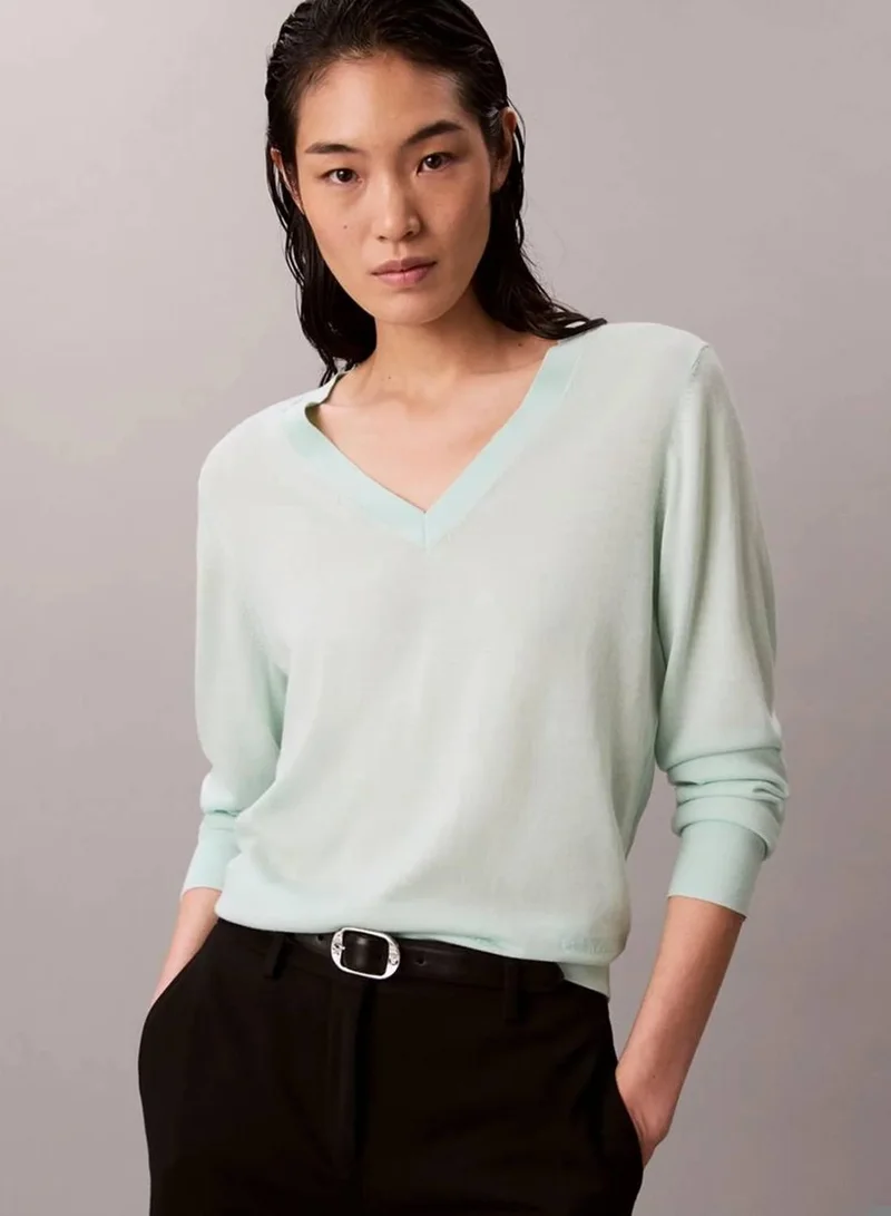 Calvin Klein Moonlight Jade Merino Wool V-Neck Jumper for Women | Best Price UAE
