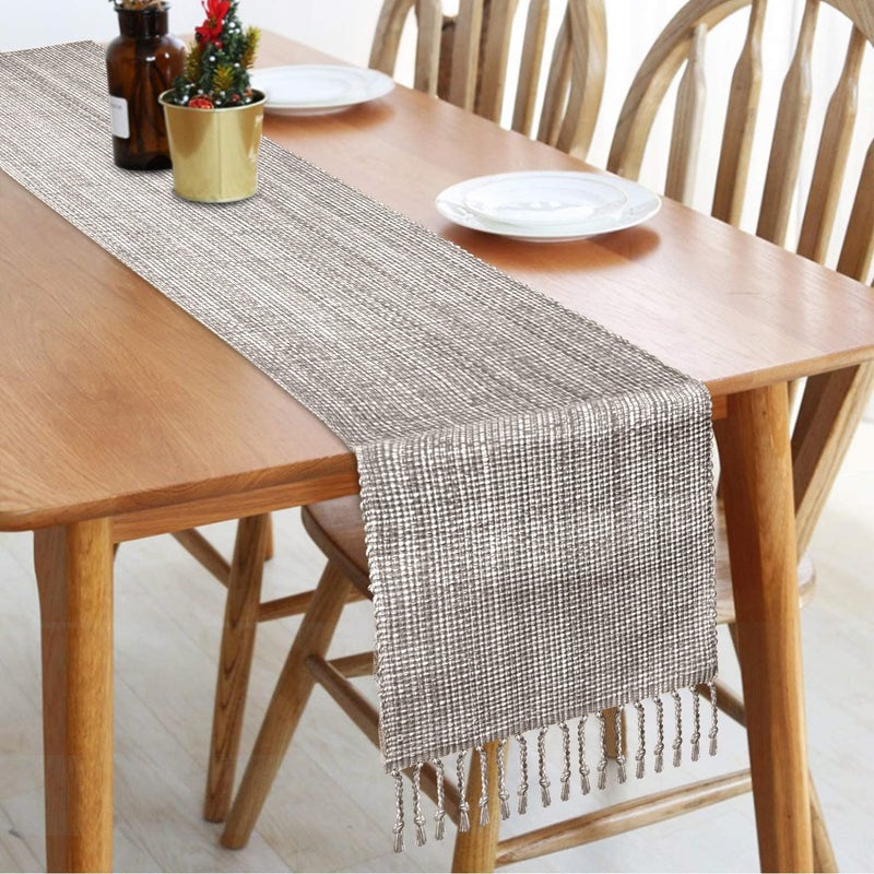 Urban Villa  100% Cotton Two Tone Table Runner 14''x 72'' Over Sized Taupe/White Two Tone Table Runner with Fringes  Every Day Use Heavier Quality Christmas Runners - Image 4