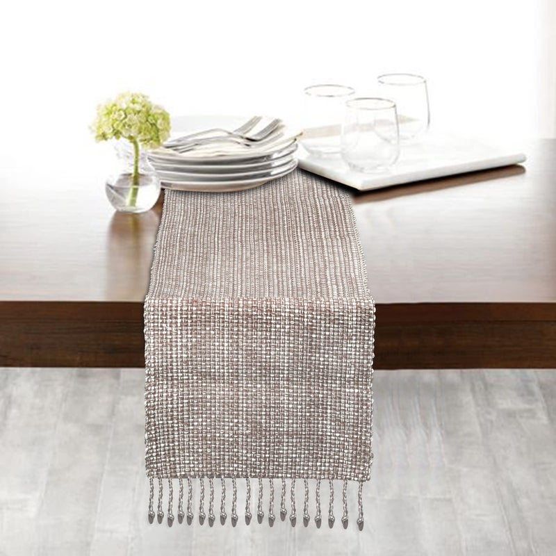 Urban Villa  100% Cotton Two Tone Table Runner 14''x 72'' Over Sized Taupe/White Two Tone Table Runner with Fringes  Every Day Use Heavier Quality Christmas Runners - Image 1