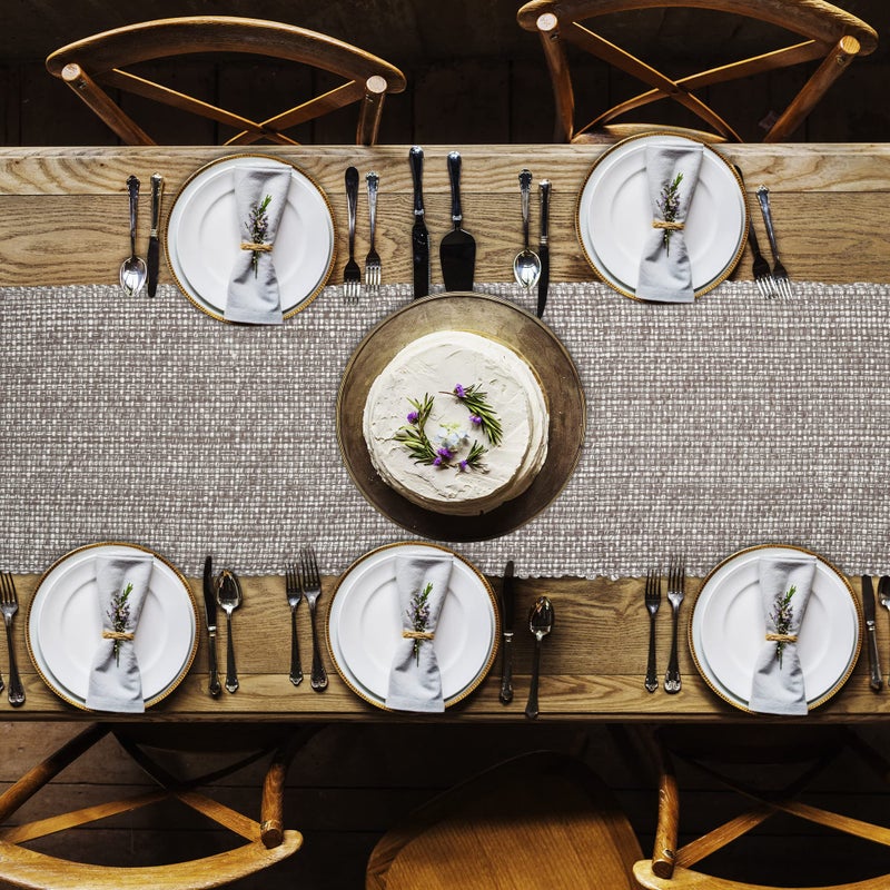 Urban Villa  100% Cotton Two Tone Table Runner 14''x 72'' Over Sized Taupe/White Two Tone Table Runner with Fringes  Every Day Use Heavier Quality Christmas Runners - Image 2