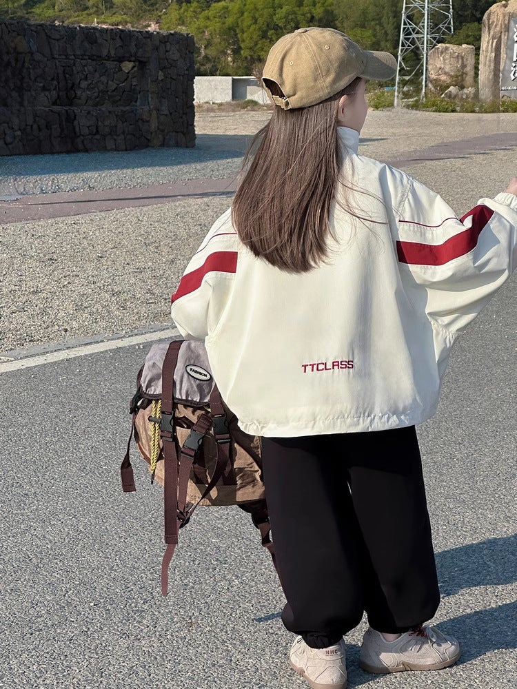 Girls' Jacket Coat Spring Style Children'S Retro Contrast Color Loose Sports Casual Top Spring - Image 3