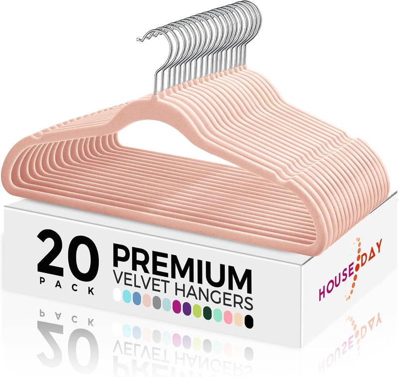 HOUSE DAY Premium Velvet Hangers, Non-Slip Thin Flocked Felt Hangers, Sturdy Clothes Hangers Heavy Duty Coat Hanger, Durable Suit Hanger for Closet Space Saving (20 Pack, Peach Pink) - Image 1