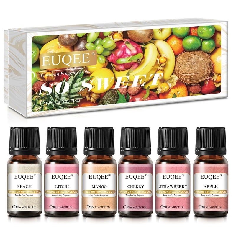 EUQEE Premium Fruit Fragrance Oils Gift Set for So Sweet - 6x10ml-Strawberry, Cherry, Litchi, Apple, Mango, Peach - Scented Essential Oils for Diffuser, Candle Making - Image 1