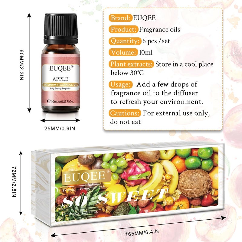 EUQEE Premium Fruit Fragrance Oils Gift Set for So Sweet - 6x10ml-Strawberry, Cherry, Litchi, Apple, Mango, Peach - Scented Essential Oils for Diffuser, Candle Making - Image 2