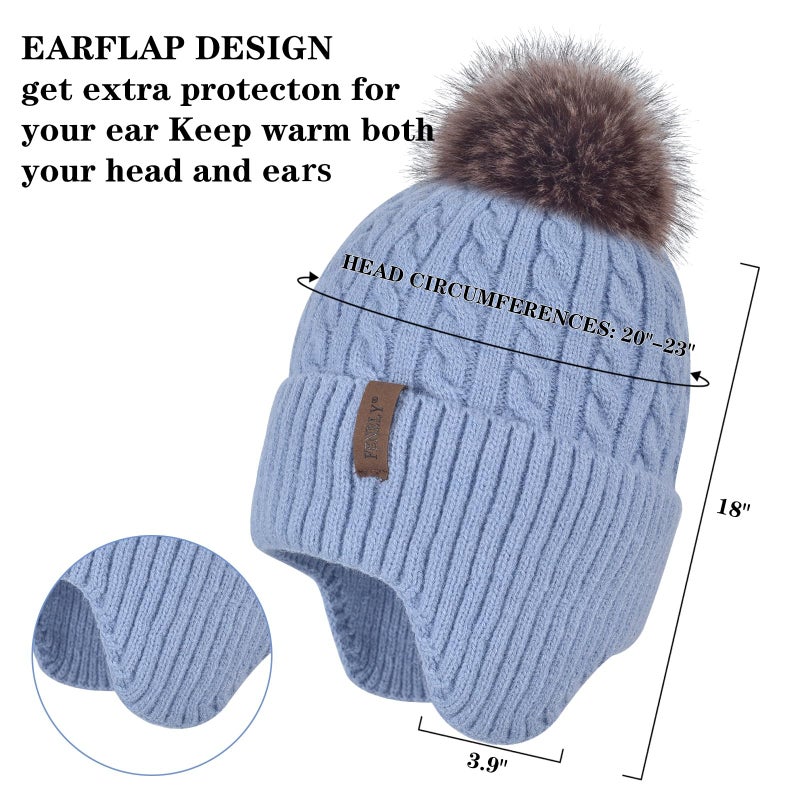 FENELY Women Winter Beanie Hat Knit Earflap Hats Warm Thick Fleece Lined Soft Skull Cap with Fashion Cute Faux Fur Pom Outdoor Indoor Blue Cold Weather Snow Ski Running - Image 4