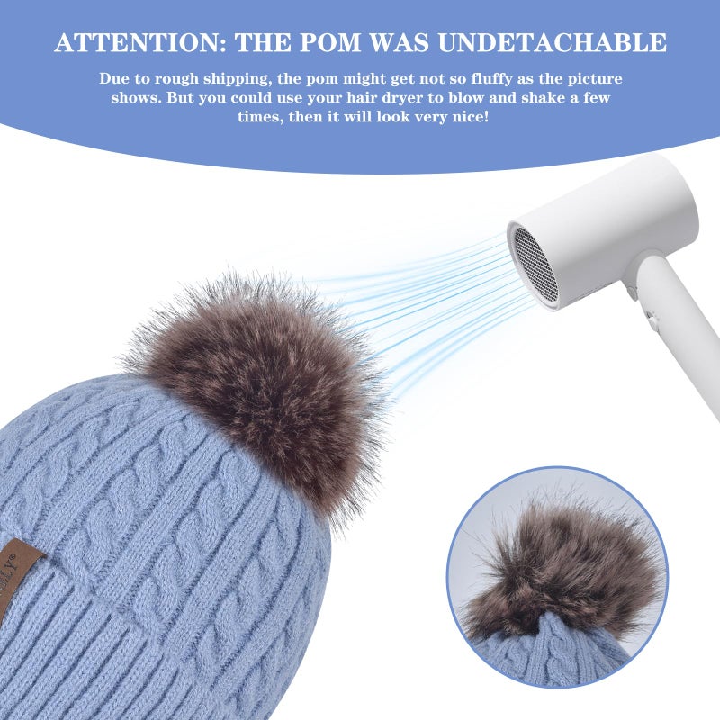 FENELY Women Winter Beanie Hat Knit Earflap Hats Warm Thick Fleece Lined Soft Skull Cap with Fashion Cute Faux Fur Pom Outdoor Indoor Blue Cold Weather Snow Ski Running - Image 5