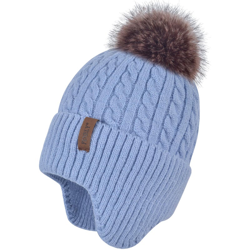 FENELY Women Winter Beanie Hat Knit Earflap Hats Warm Thick Fleece Lined Soft Skull Cap with Fashion Cute Faux Fur Pom Outdoor Indoor Blue Cold Weather Snow Ski Running - Image 1