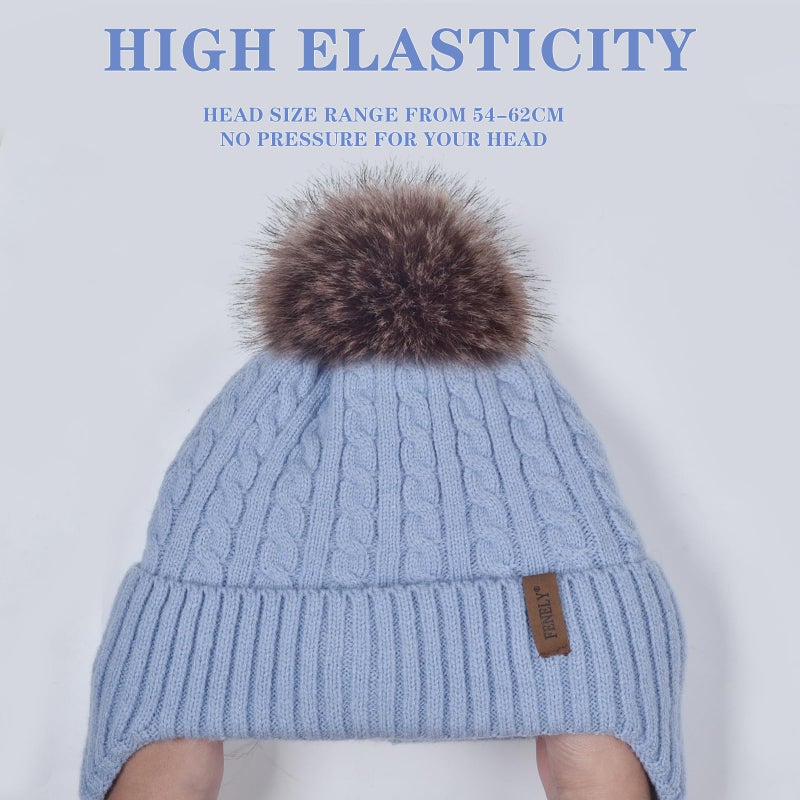 FENELY Women Winter Beanie Hat Knit Earflap Hats Warm Thick Fleece Lined Soft Skull Cap with Fashion Cute Faux Fur Pom Outdoor Indoor Blue Cold Weather Snow Ski Running - Image 2