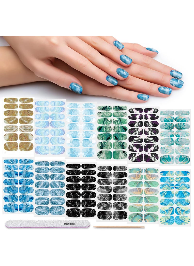 DANNEASY - DANNEASY Marble Nail Polish Strips, 12 Sheets Nail Wraps for Women, Self Adhesive Nail Polish Stickers, Gel Nail Strips, Fingernails Manicure Stickers with 1pc Nail File, Cuticle Stick - Image 1