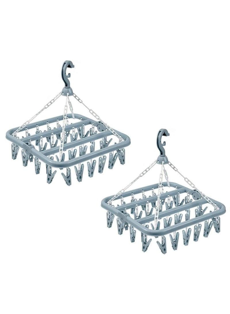 Hihonor Clothes Drying Rack, 2 Pack Windproof Folding Portable Laundry Hanger, Plast Sock Hanger with 32 Clips and 360° Rotatable Hook for Drying, Towels, Bras, Baby Clothes, Gloves (Light Blue) - Image 1