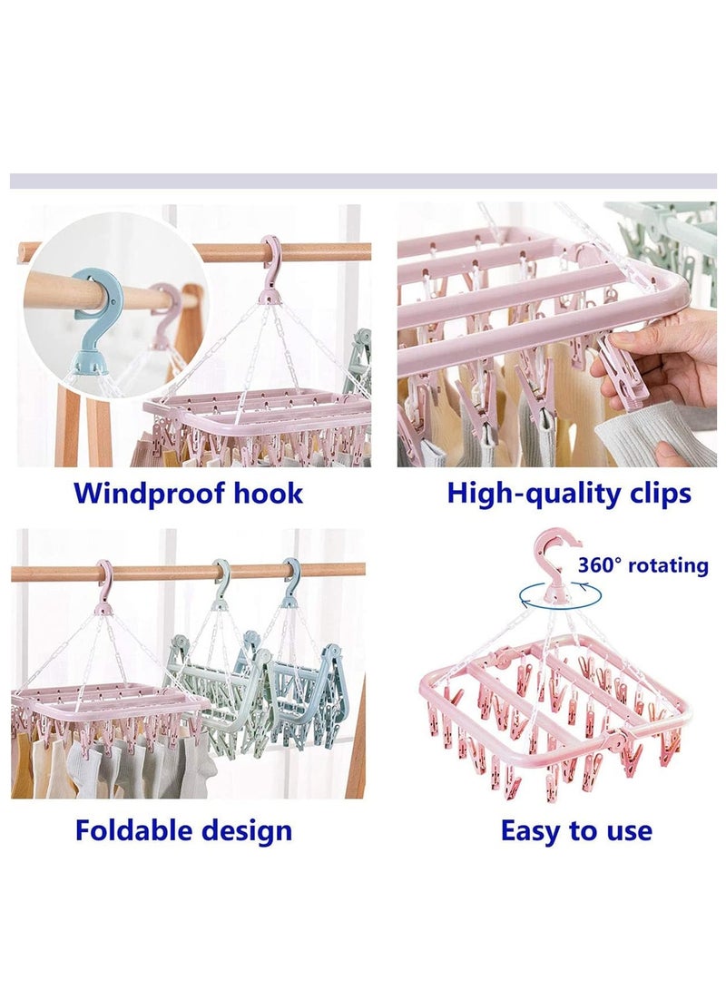 Hihonor Clothes Drying Rack, 2 Pack Windproof Folding Portable Laundry Hanger, Plast Sock Hanger with 32 Clips and 360° Rotatable Hook for Drying, Towels, Bras, Baby Clothes, Gloves (Light Blue) - Image 3