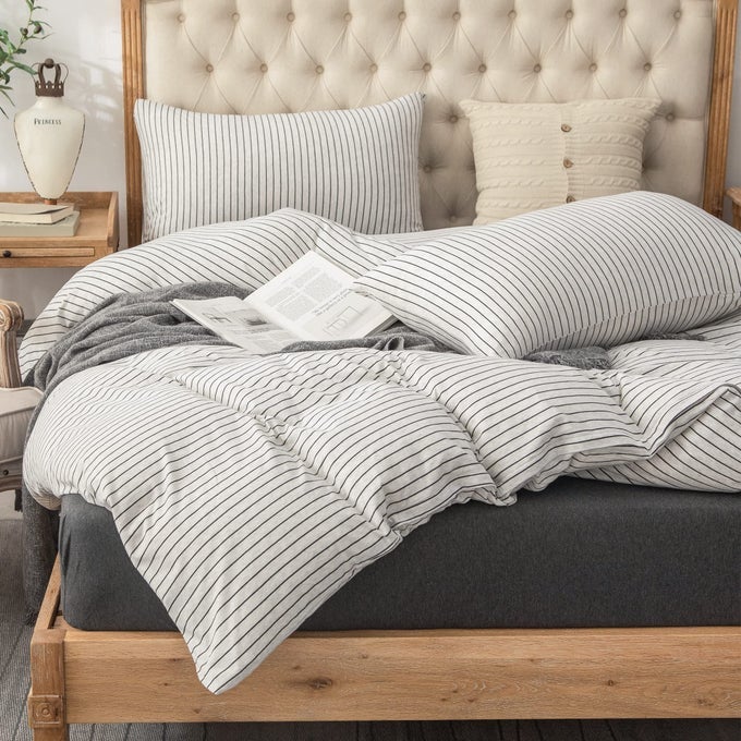 JERSEY KNIT DUVET COVER SET 100 TSHIRT HEATHER COTTON SUPER SOFT COMFY CLASSIC STRIPED DESIGN WITH ZIPPER CLOSURE HEATHER WHITE BLACK PINSTRIPE KING