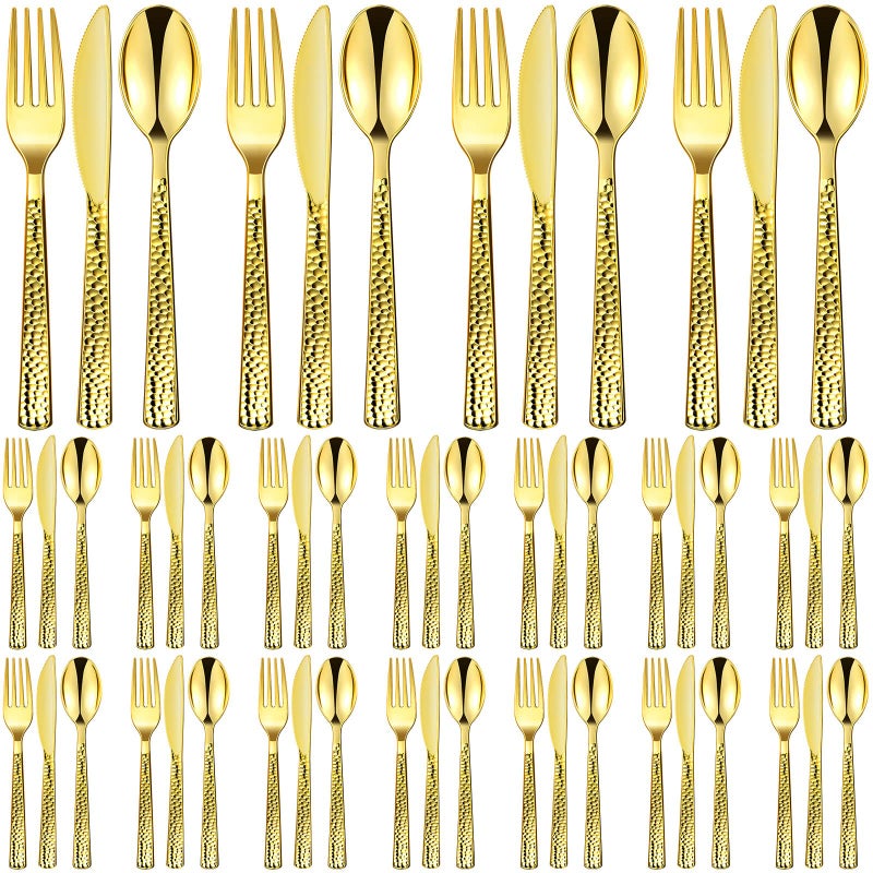 Zhehao 600 Pcs Gold Plastic Utensils Disposable Silverware Set Flatware Cutlery Bulk Heavy Duty Utensils Include 200 Gold Forks 200 Plastic Spoon 200 Knives for Mother Graduation Wedding Party